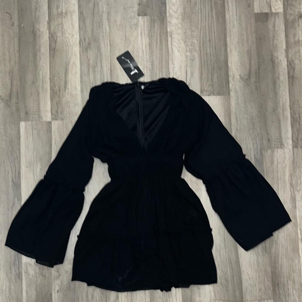 black ruffle v neck mini dress xs